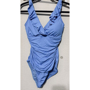 LRL Ralph Lauren One Piece Swimsuit Ruffle Ruched Blue Slimming sz 8 Pin-up